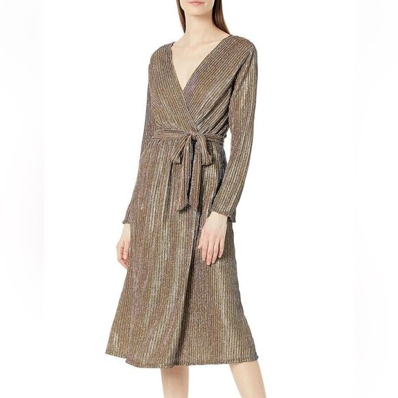 CHAUS Glimmery Tie-Waist Midi Dress - Size L Gold/Plum - Picture 2 of 6